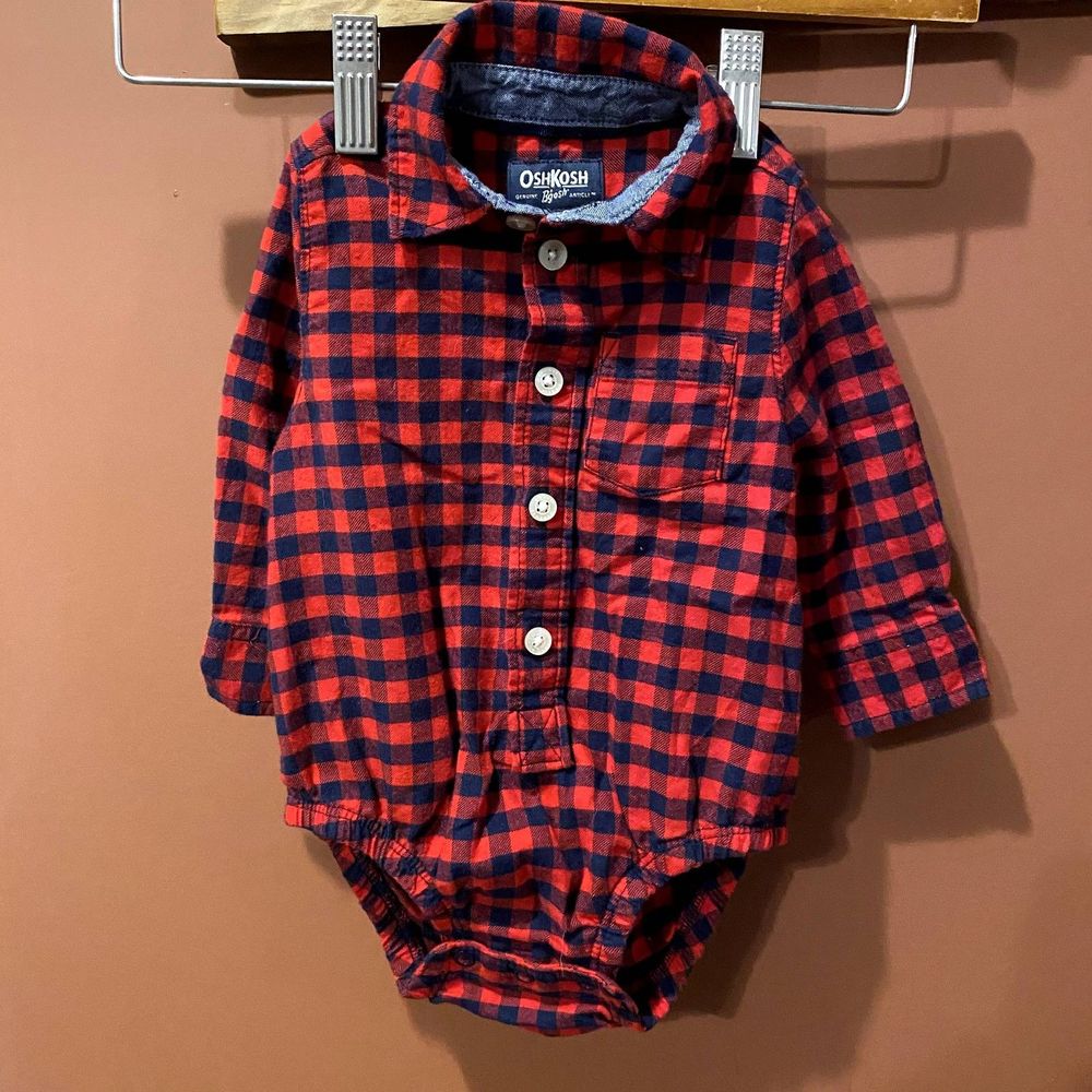 EUC OSHKOSH B'GOSH LONG SLEEVE RED AND BLACK PLAID BUTTON UP SNAP ONESIE SIZE 6M
